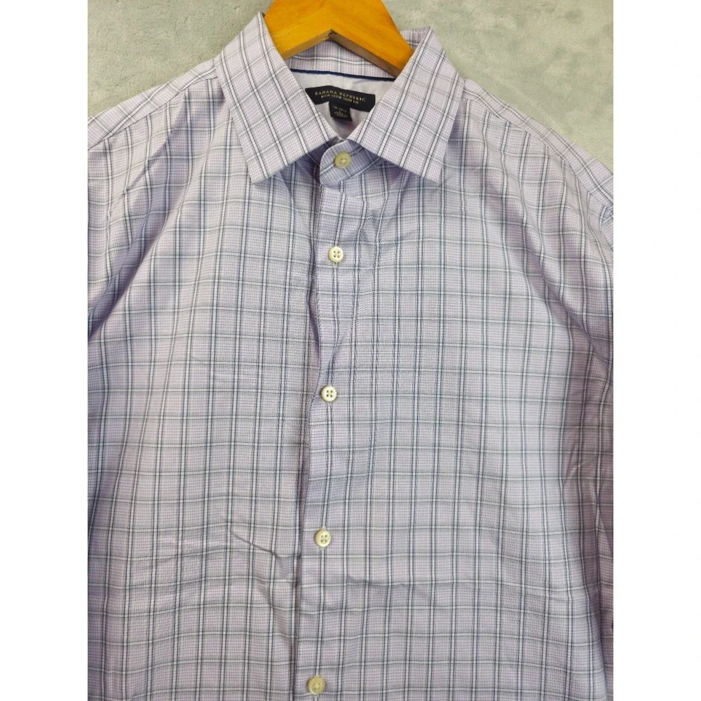 Banana Republic Slim Fit Cotton Purple Gray Gingham Plaid Shirt Mens Large